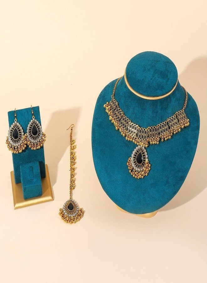 Cykdohy Ethnic Indian Jhumka Tassel Rhinestone Choker Necklace Earrings Maang Tikka 3 Pcs Set Oxidized Ancient Gold Bohemian Traditional Jhumki Pendant Crystal Retro Bollywood Statement Gypsy Wedding Bridal Jewelry for Women (Black) - Image 3